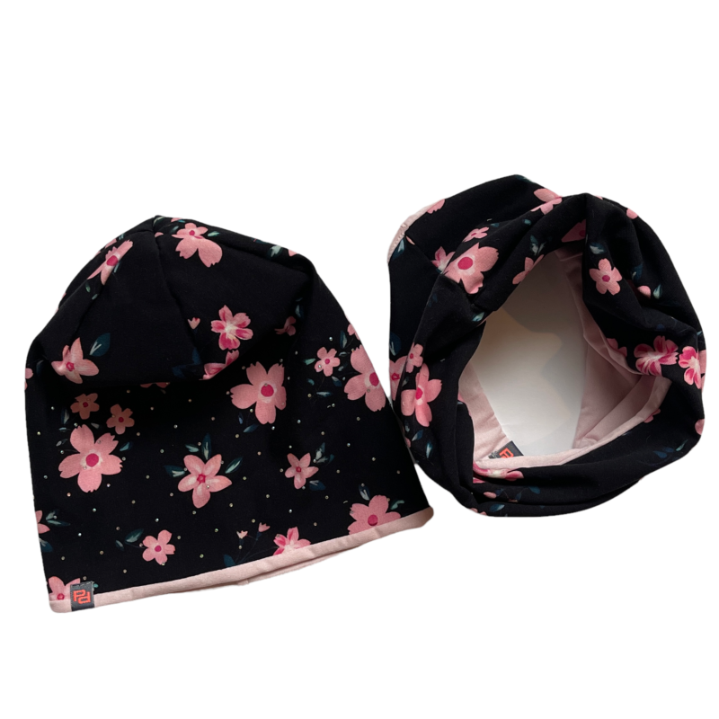 PhotoRoom 20220410 141008 Komplekts meitenēm- cepure + tuneļšalle ar ziediem dažādās krāsās